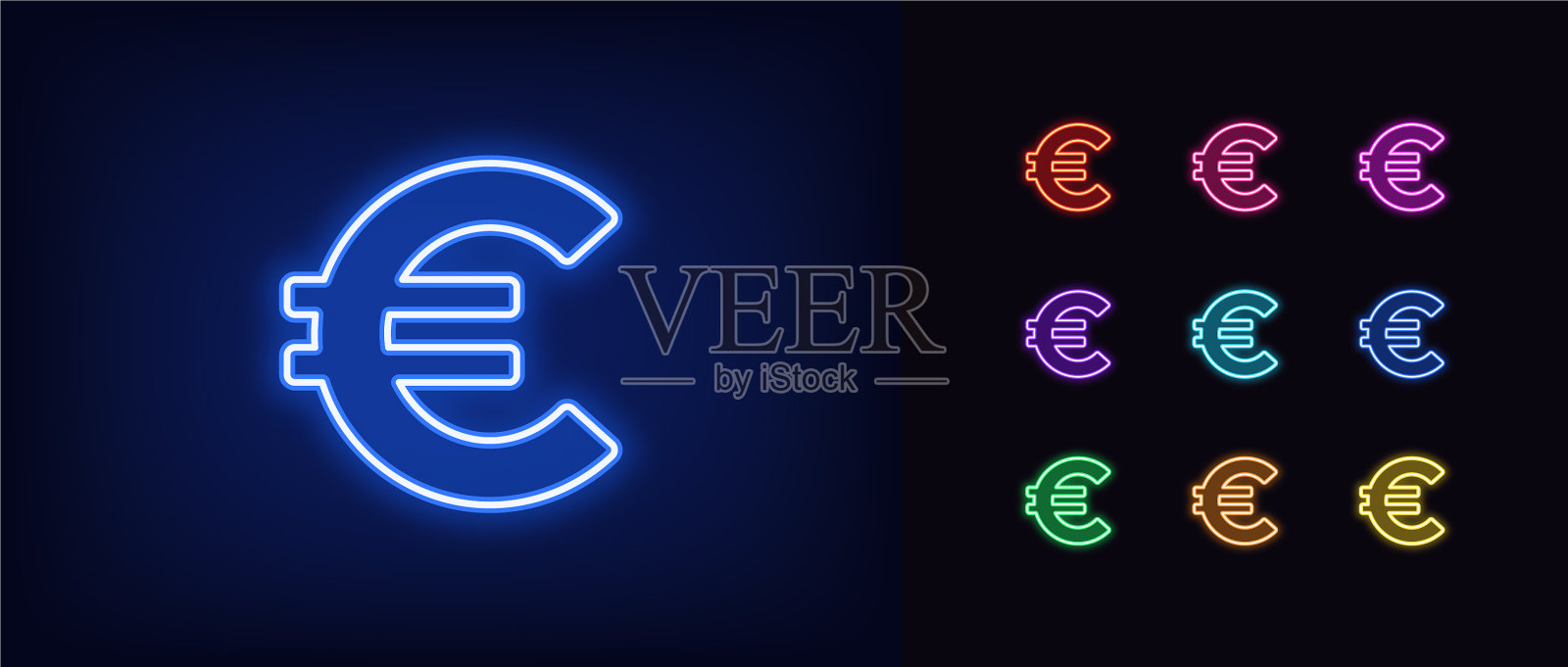 霓虹欧元图标发光的霓虹欧元标志轮廓插画图片素材