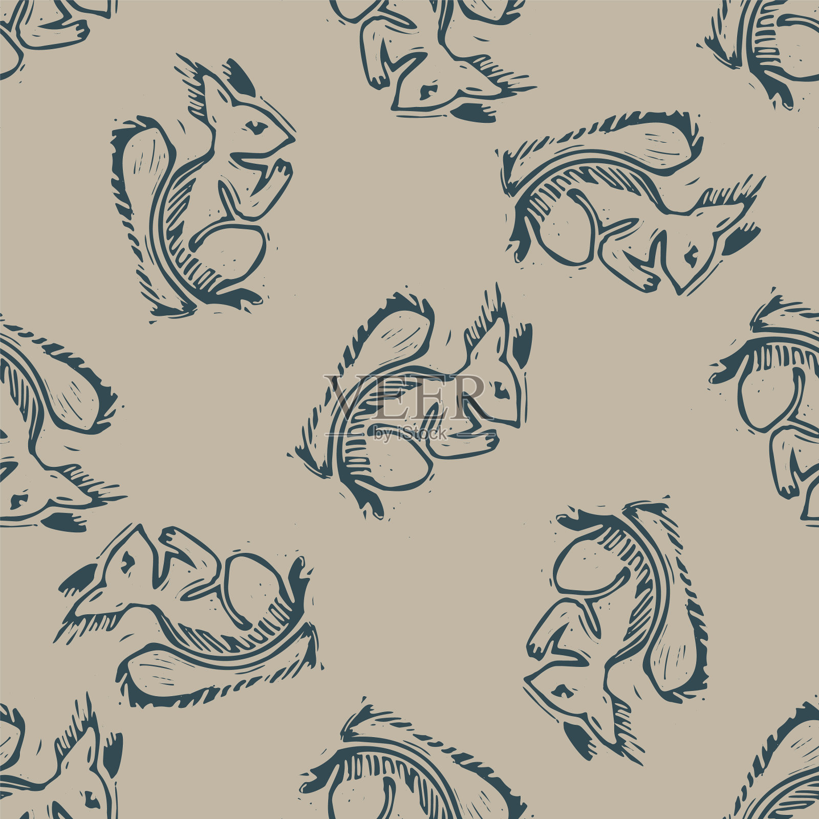 手工雕刻森林松鼠块印刷插画图片素材