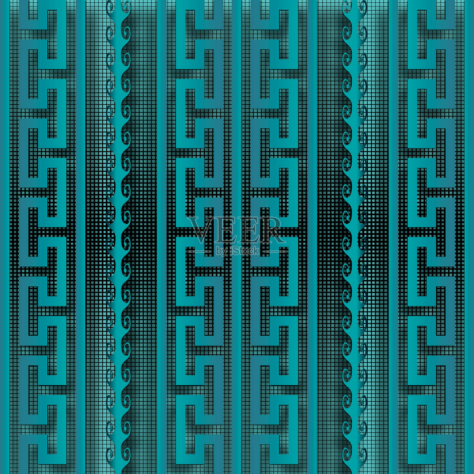 现代希腊风格无缝边框图案。矢量纹理网格背景。重复半色调数字背景。部落民族风格的希腊装饰。垂直的边界,迷宫,条纹,波浪,曲流插画图片素材