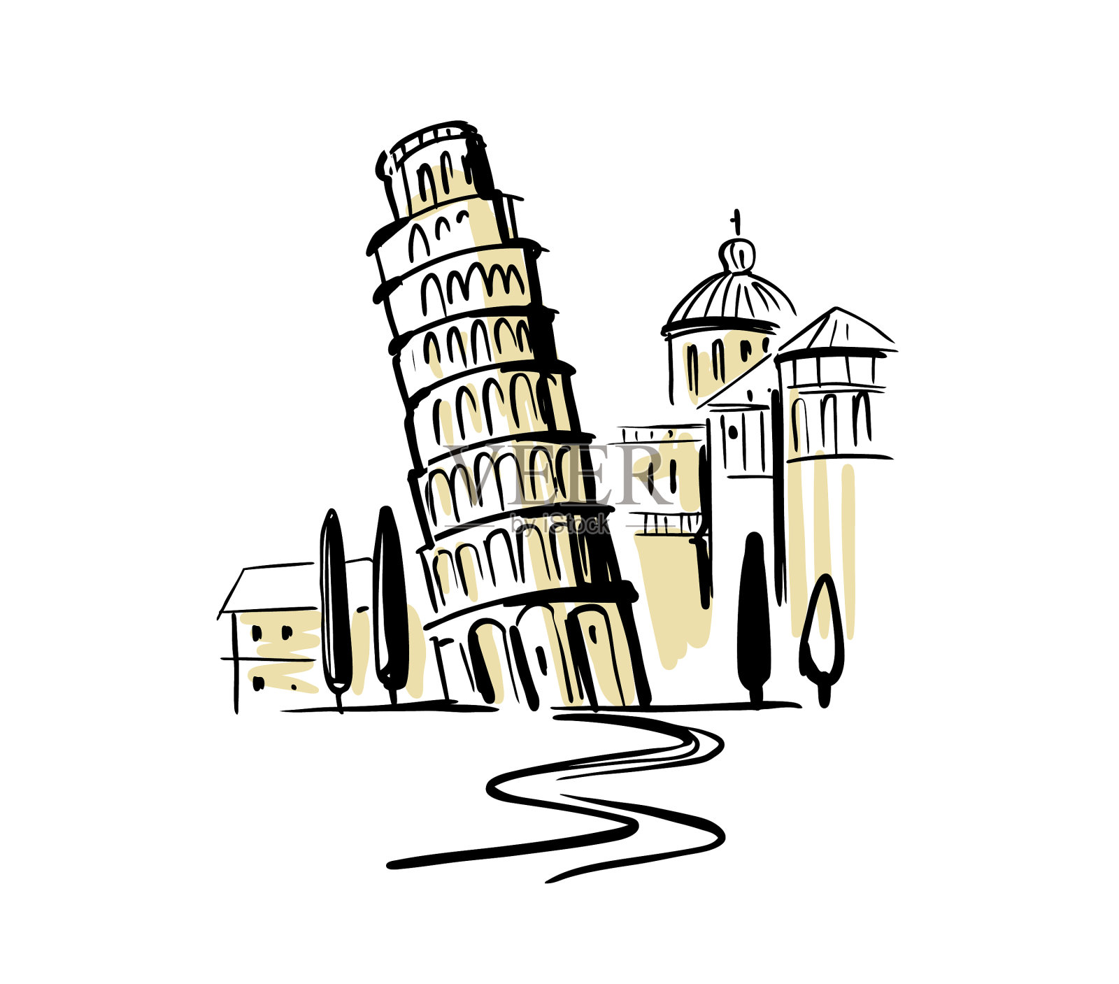 意大利比萨斜塔手绘插画图片素材
