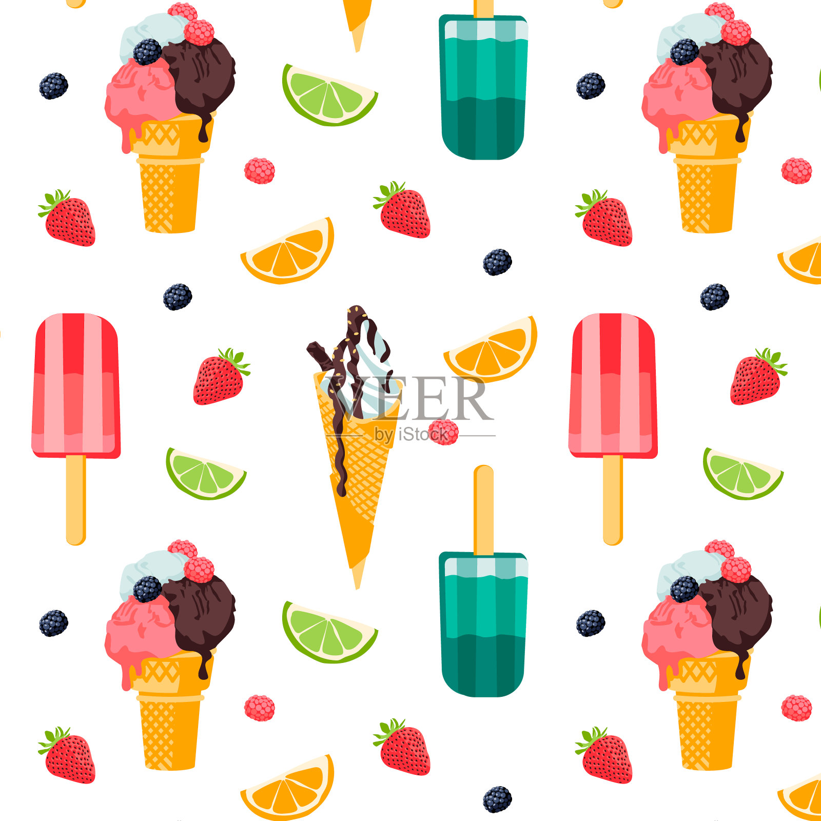 夏季无缝可爱的彩色图案与冰淇淋,柑橘,浆果在白色的背景。矢量图插画图片素材