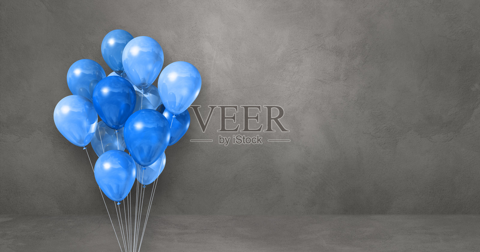 蓝色的气球串在灰色的墙壁背景上。水平的旗帜。照片摄影图片