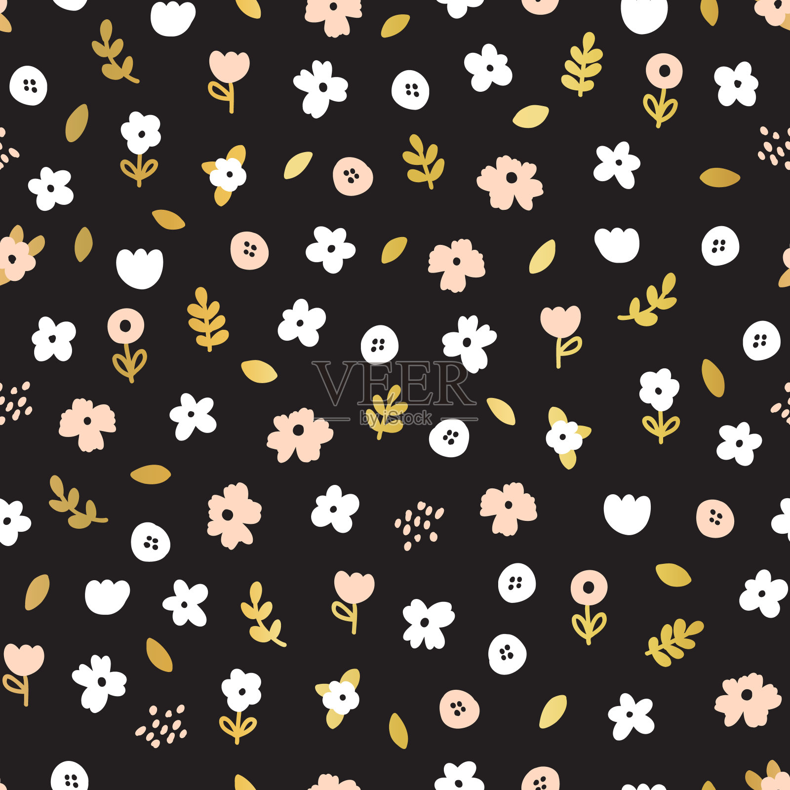 小花无缝矢量图案,白色,粉红色,金色,黑色。极简的背景重复瓷砖纺织,织物,表面图案设计与金属金箔效果插画图片素材