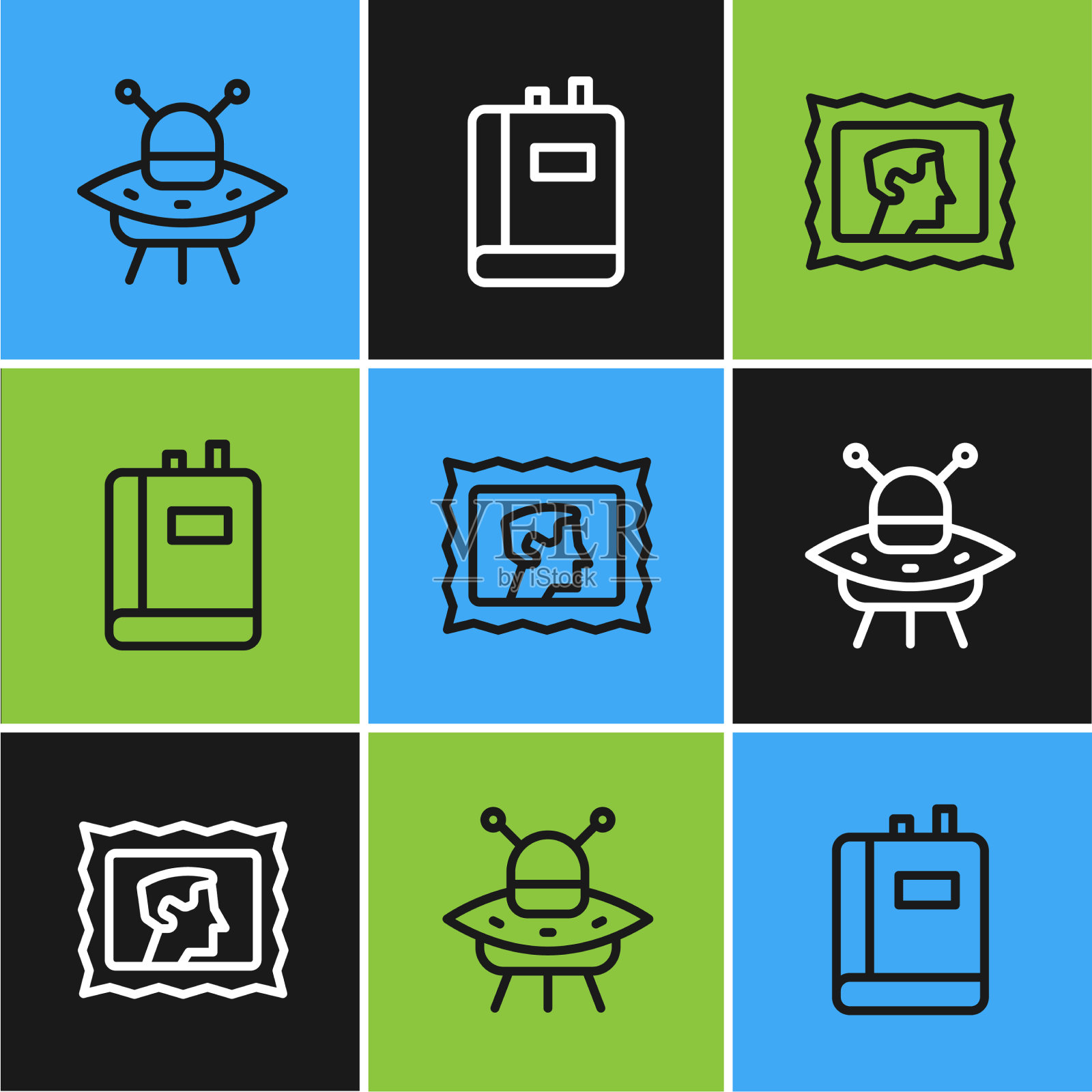 集线飞碟飞行飞船邮政邮票和插画图片素材