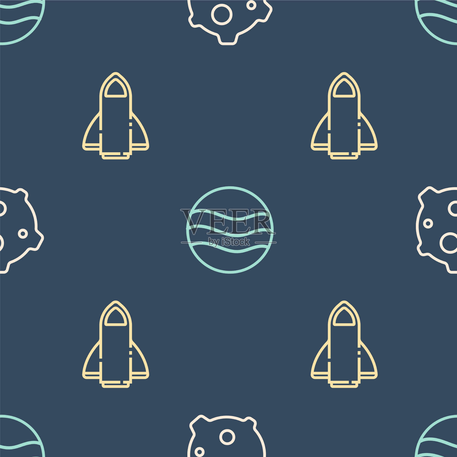 设置小行星火箭飞船和行星的线图标素材