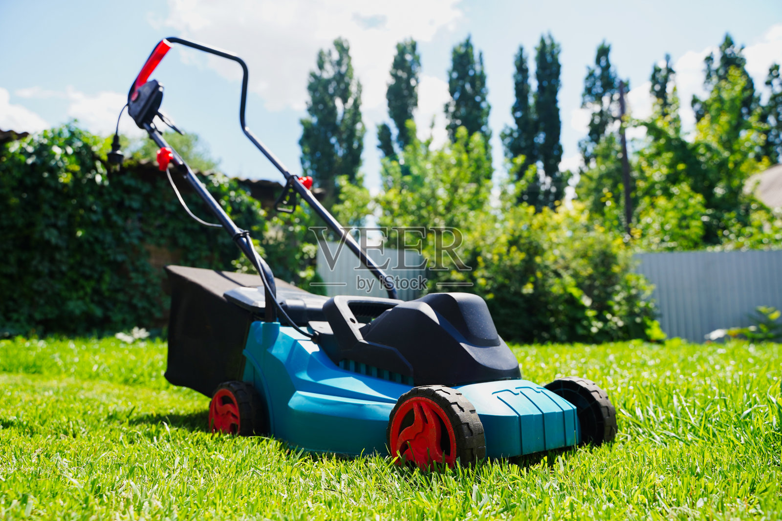 修剪草坪的电动割草机。割草坪照片摄影图片
