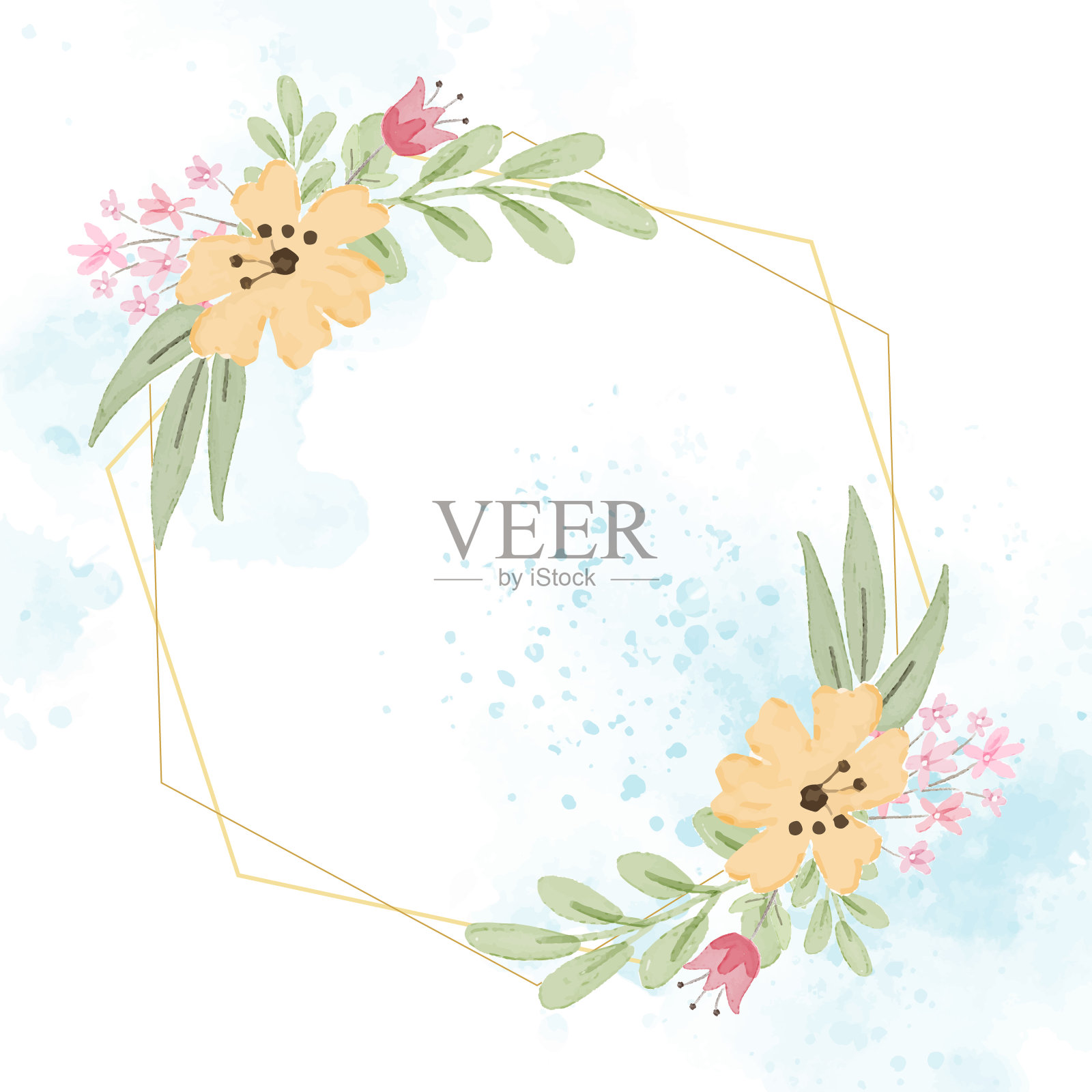蓝色花圈与金色框架上的蓝色水彩喷溅背景春季数字绘画插画图片素材