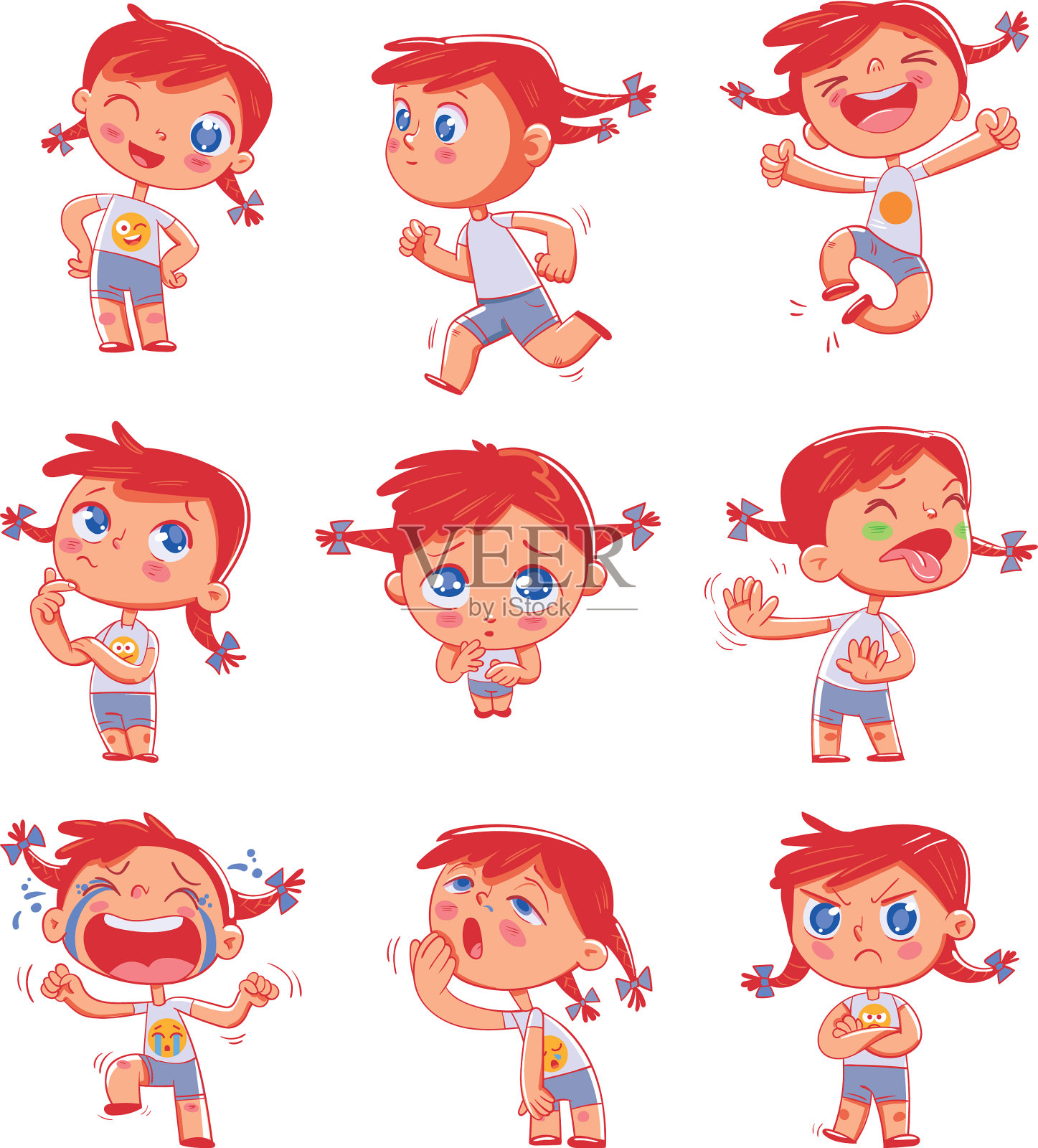 可爱的女孩与不同的情绪表情贴纸设计元素图片