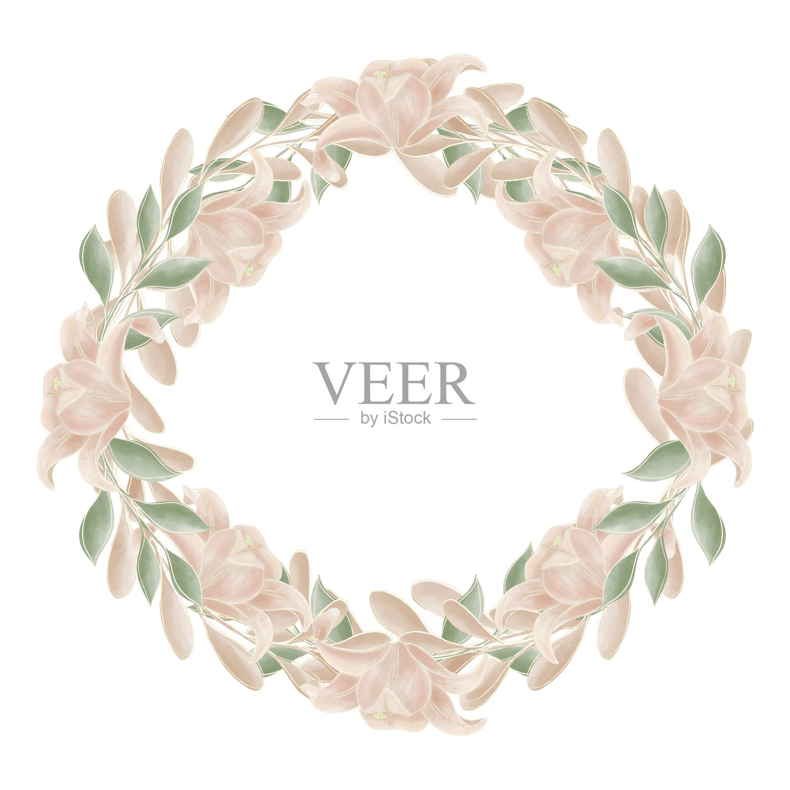 圆形框架由精致的插图百合花和树枝在绿色和米黄色与金色的轮廓在白色的背景插画图片素材