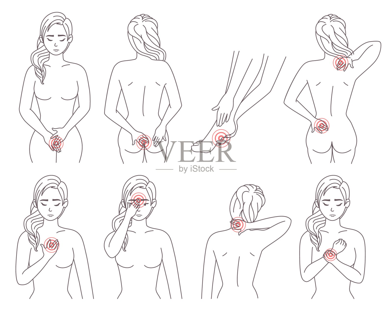 女性身体疼痛带设置,矢量插图。病人身体部位有红色痛点的部位。插画图片素材