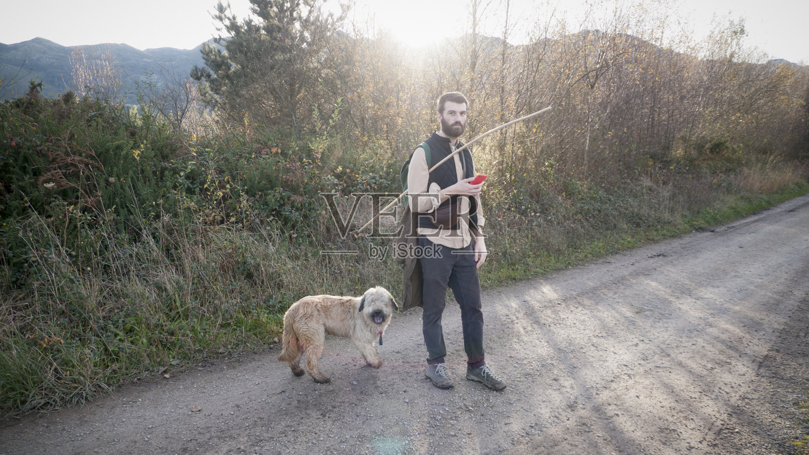 人看着他的移动和狗在乡村风景照片摄影图片