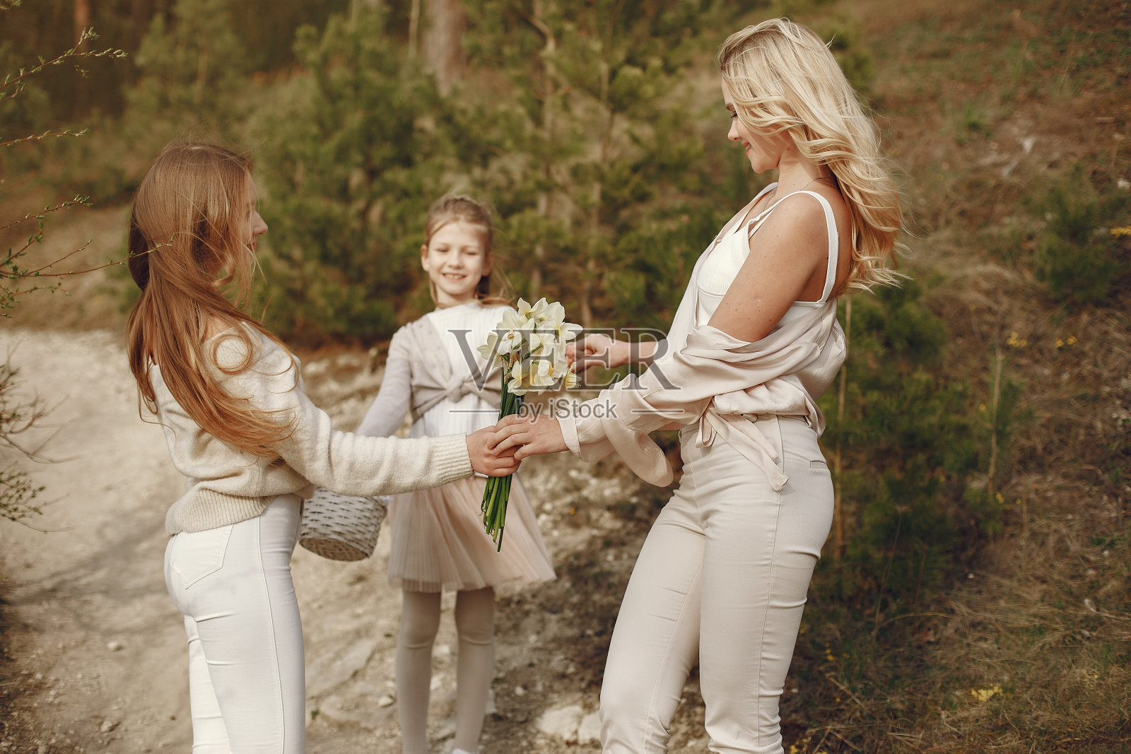 夏日森林里,优雅的母亲带着孩子们照片摄影图片