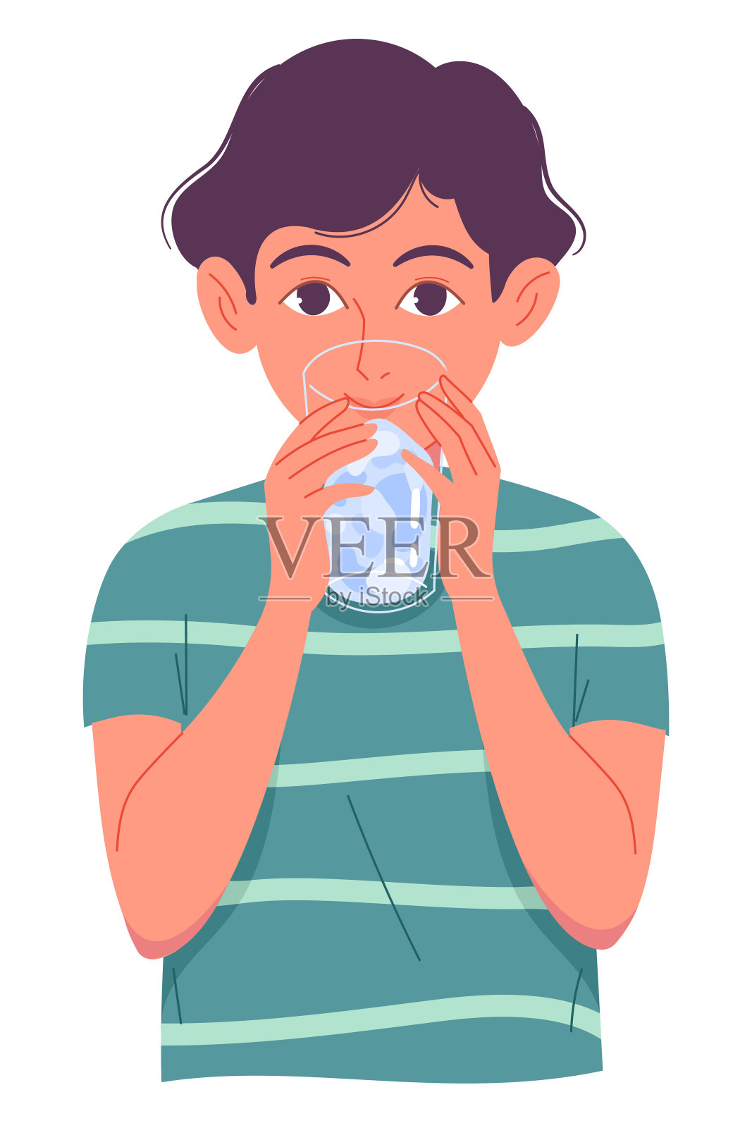 可爱的小男孩喝水从玻璃在白色的背景。插画图片素材