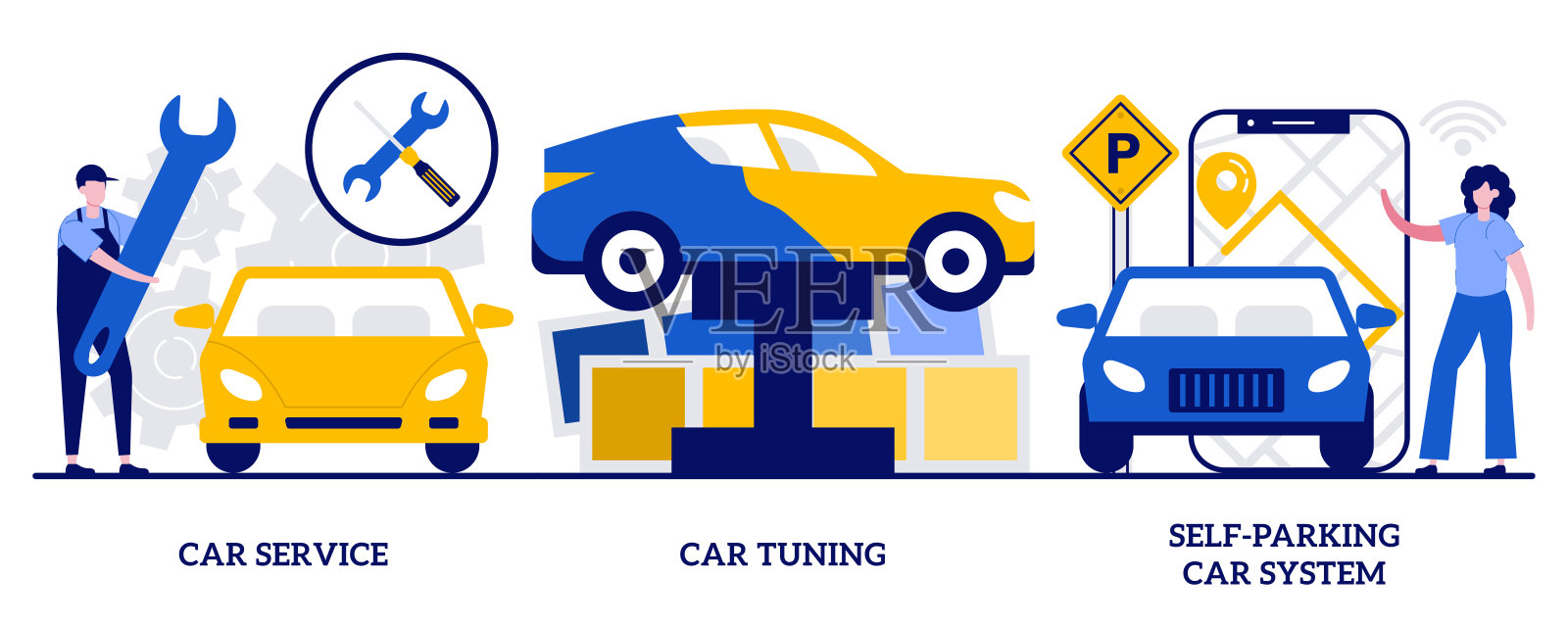 汽车服务,汽车调校,自动停车系统概念与微型人。汽车服务抽象向量插图集。插画图片素材
