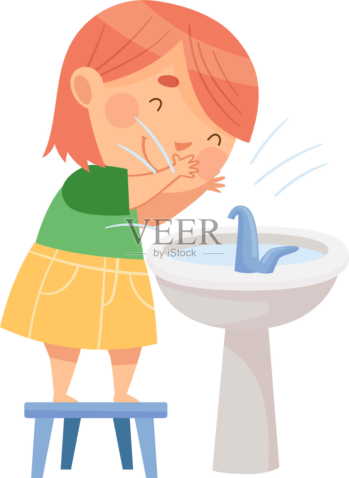 可爱的女孩站在盥洗台旁边的凳子上插画图片素材
