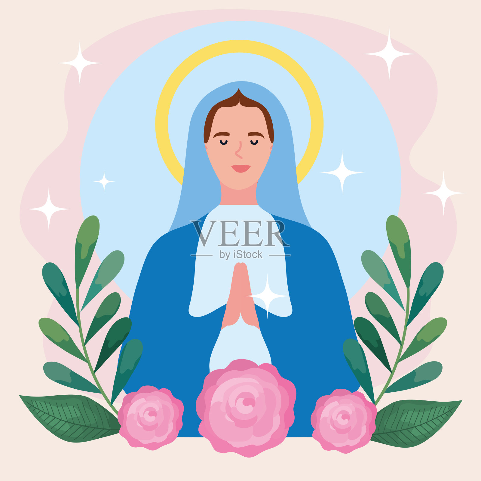 圣母升天与鲜花插画图片素材