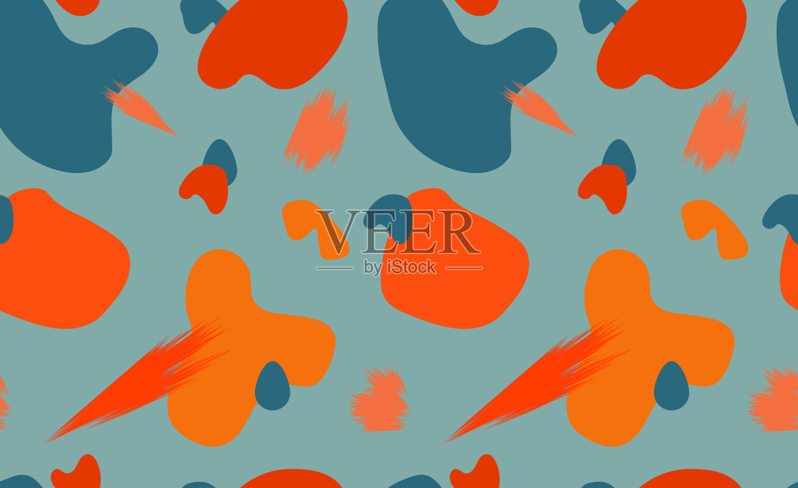 明亮的抽象无缝图案与简单的有机形状和笔触在蓝色的背景。积极的秋季幻想创意向量背景与圆形鹅卵石插画图片素材