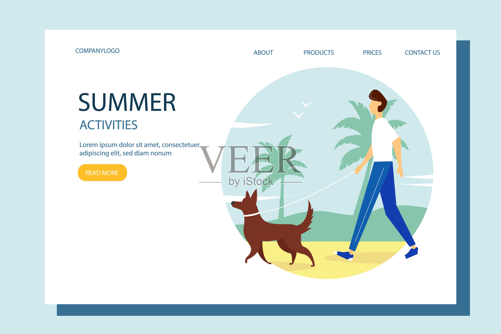 在海滩上遛狗的人。积极的生活方式,户外娱乐的概念。可爱的夏季插图在平坦的风格。插画图片素材