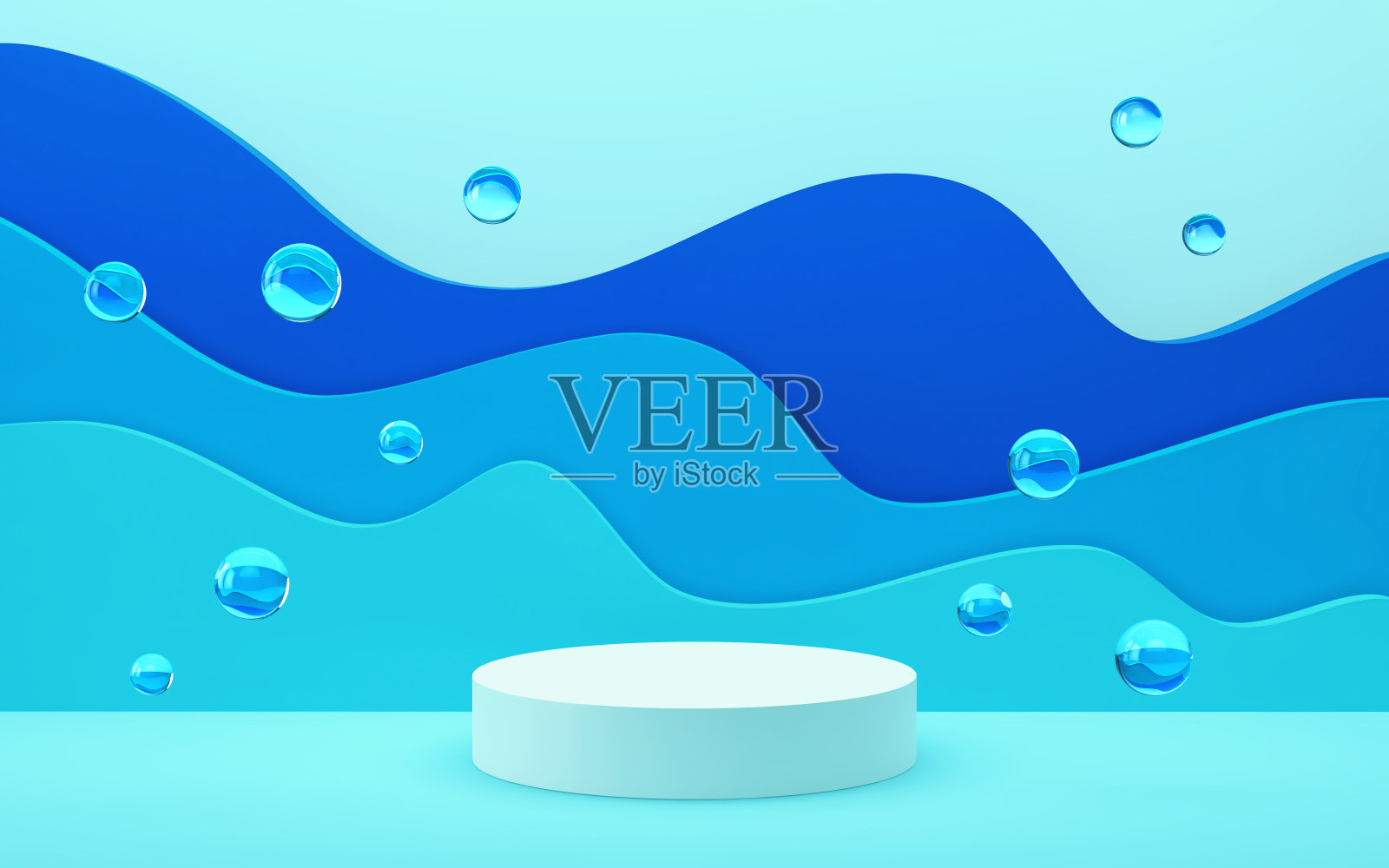 抽象背景与蓝色波浪,气泡,水滴和讲台,产品展台照片摄影图片