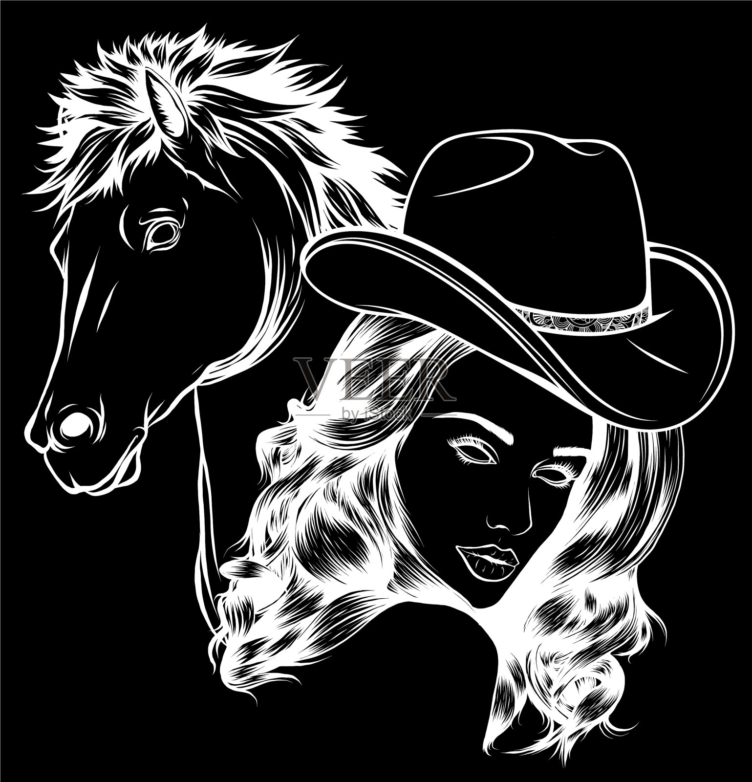 白色剪影的女孩打扮成一个牛仔插画图片素材