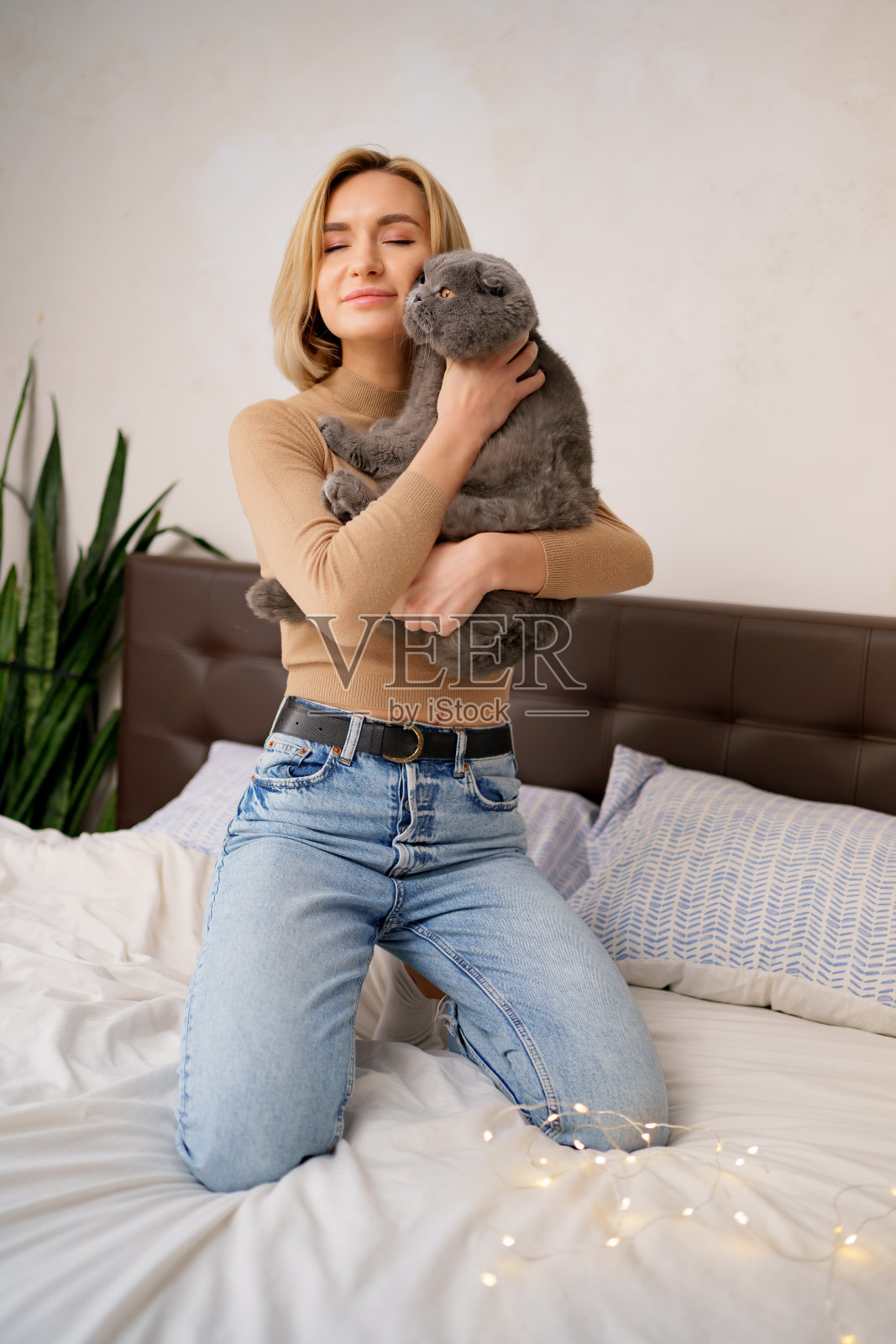 一个年轻女人和一只猫在房间的床上照片摄影图片