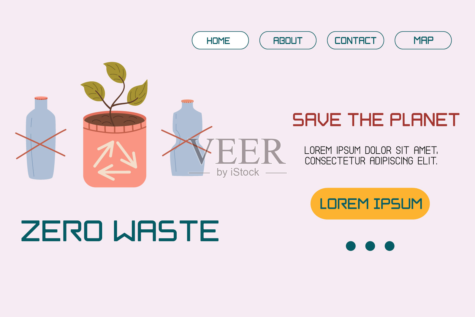 一个模板,一个没有塑料插图的登陆页面布局,一个有可持续发展或环境保护概念萌芽的家庭花盆。矢量插图在一个平坦的风格。插画图片素材