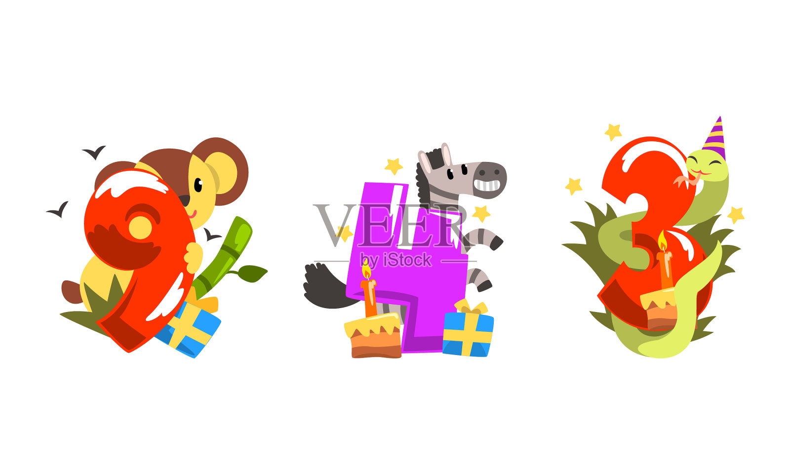 生日纪念日数字与可爱的动物设置插画图片素材