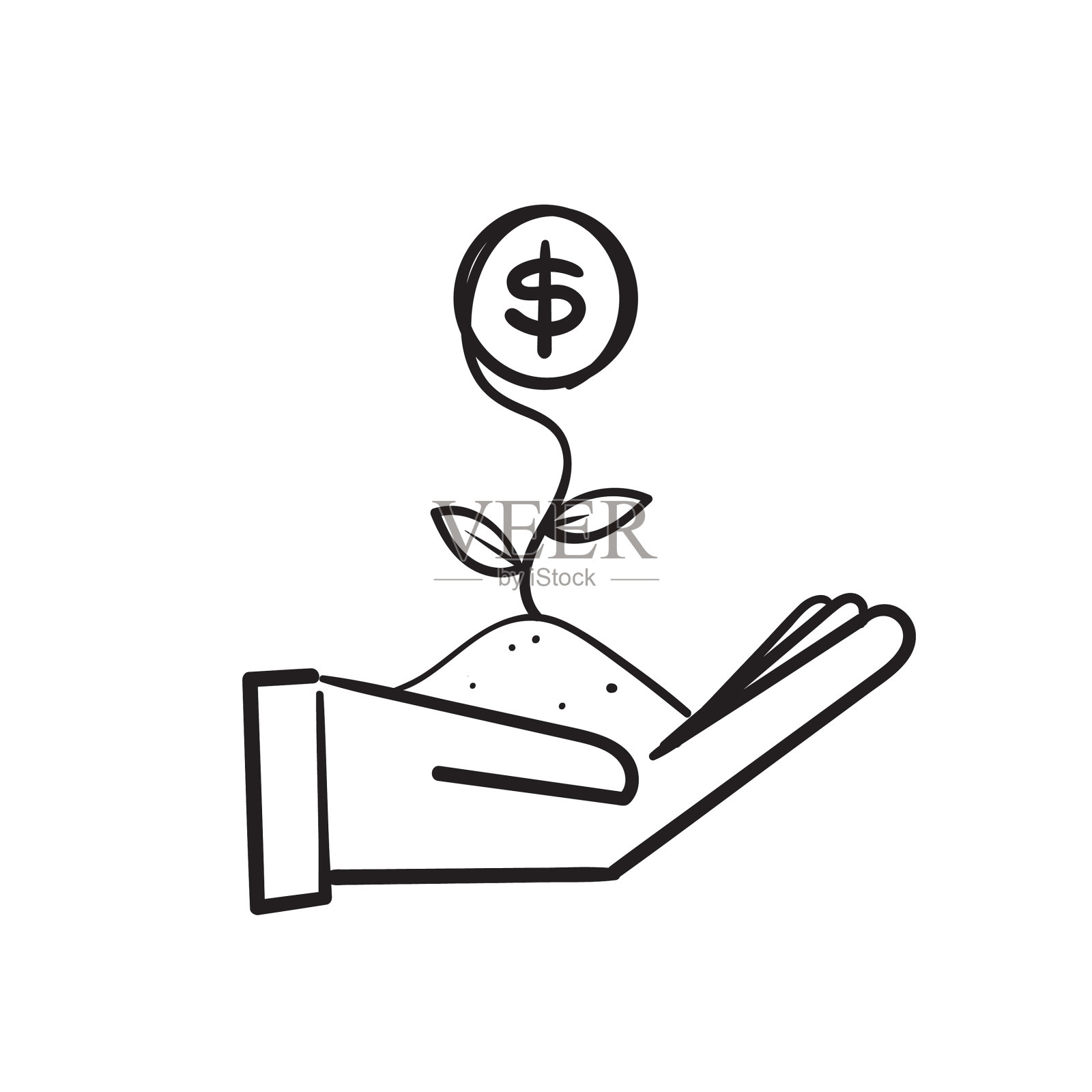 手绘涂鸦种植金钱在植物树上设计元素图片