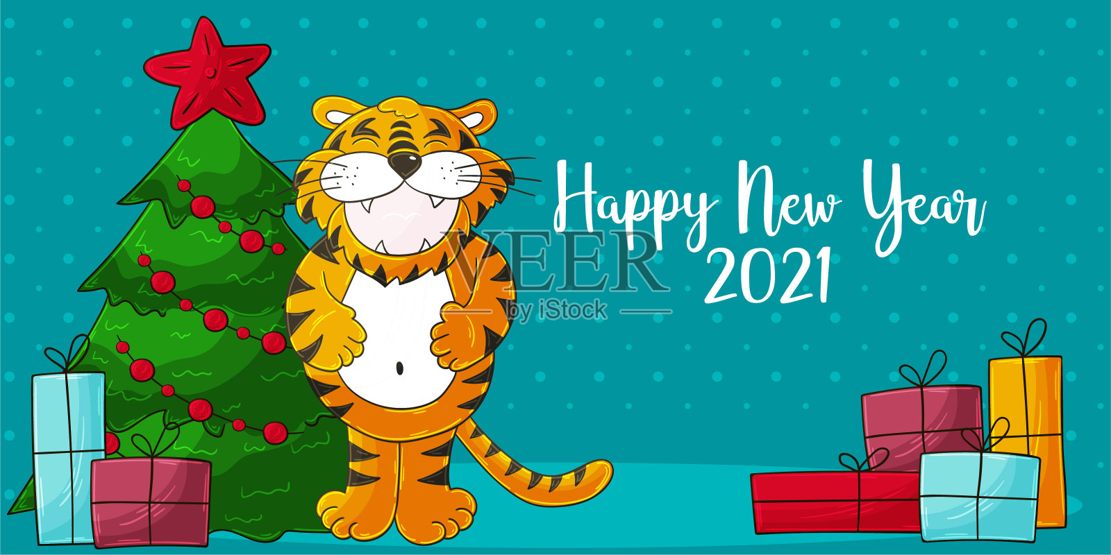 2022年的占星符号。手绘贺年卡。圣诞树,礼物,老虎设计模板素材
