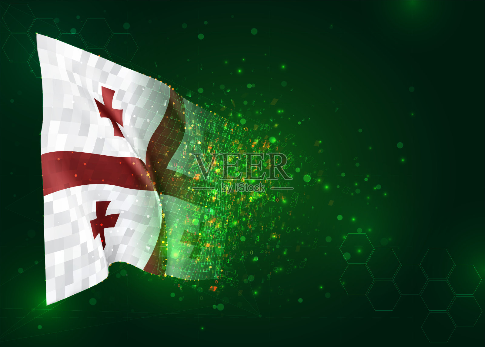 Georgia,绿色背景上带有多边形和数据数字的3d矢量旗插画图片素材