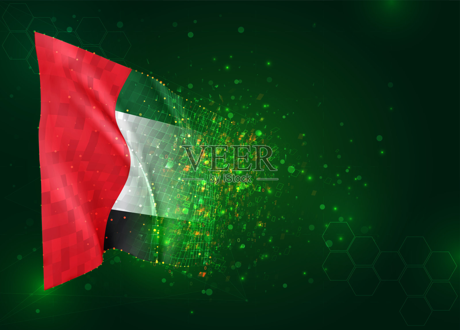 阿拉伯联合酋长国,绿色背景上的矢量3d旗帜,带有多边形和数据数字插画图片素材