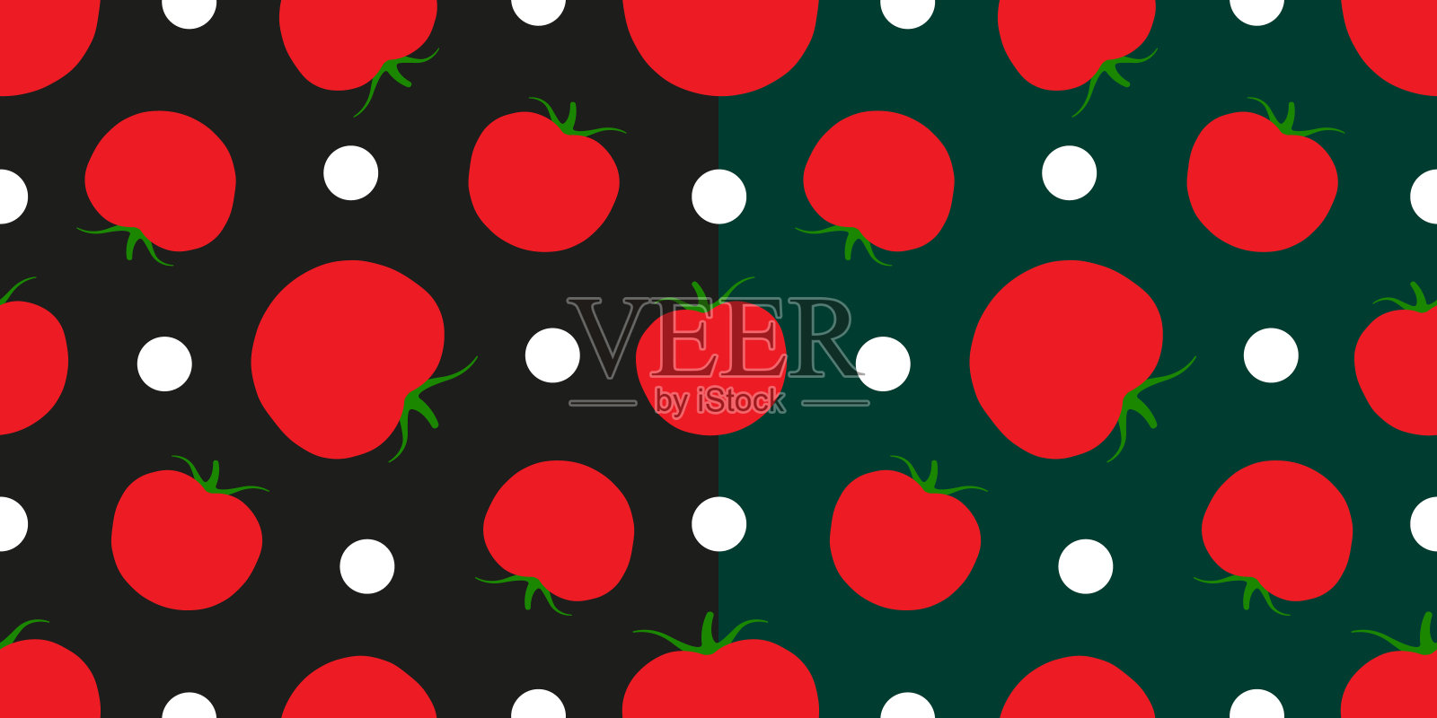 两个无缝的背景。红番茄和白圆圈。黑色和绿色背景插画图片素材