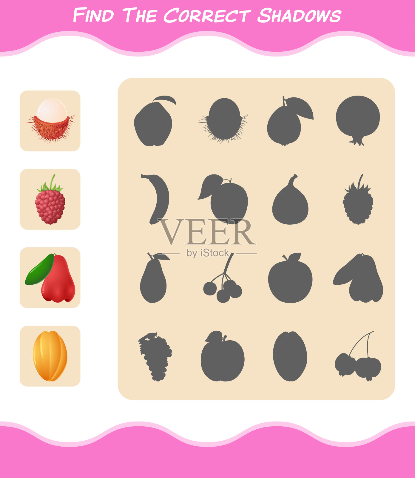 找到正确的卡通水果阴影。搜索和匹配游戏。学前儿童和学步儿童的教育游戏图标素材