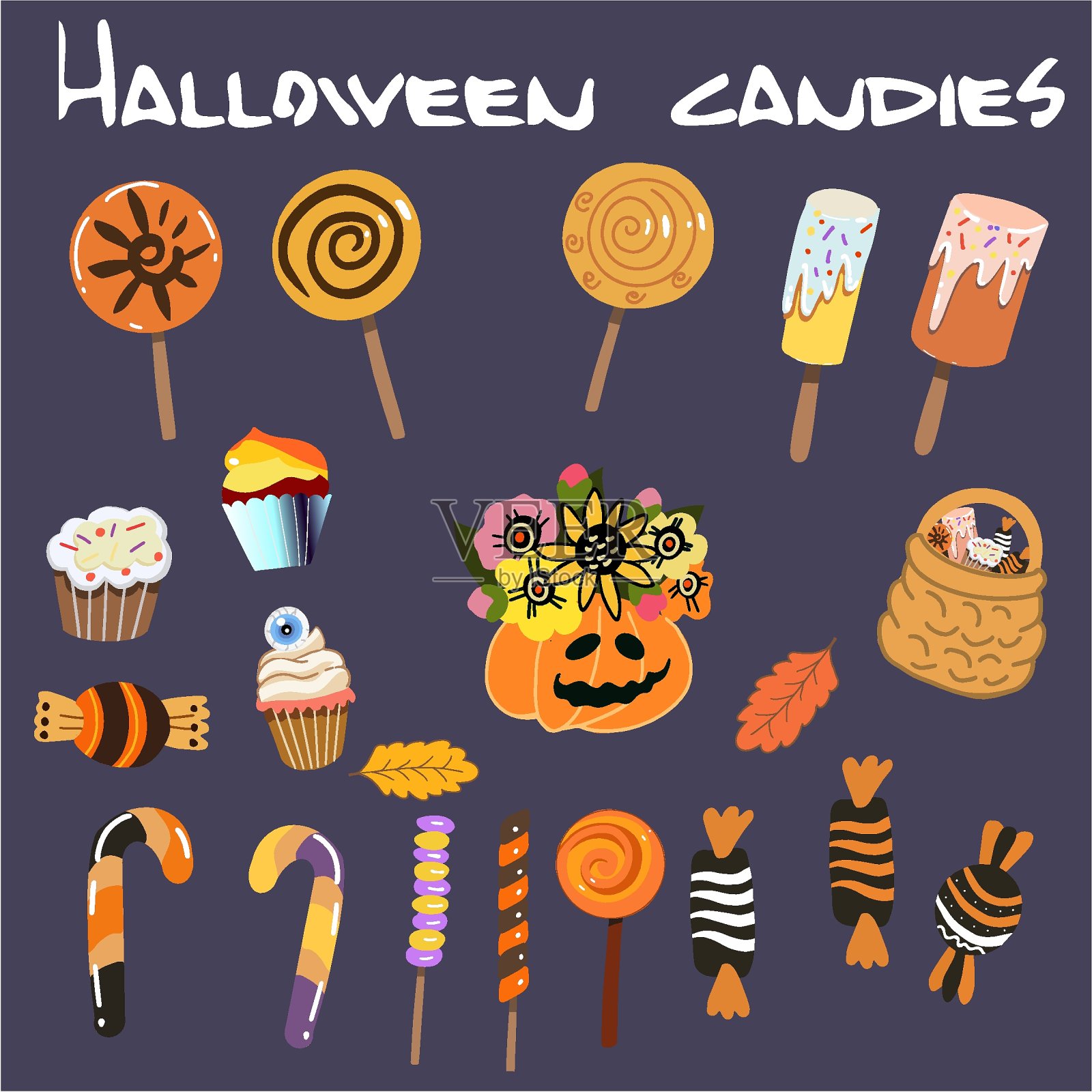 万圣节的糖果。棒棒糖,糖果,松饼,篮子糖果,冰淇淋。南瓜花。插画图片素材