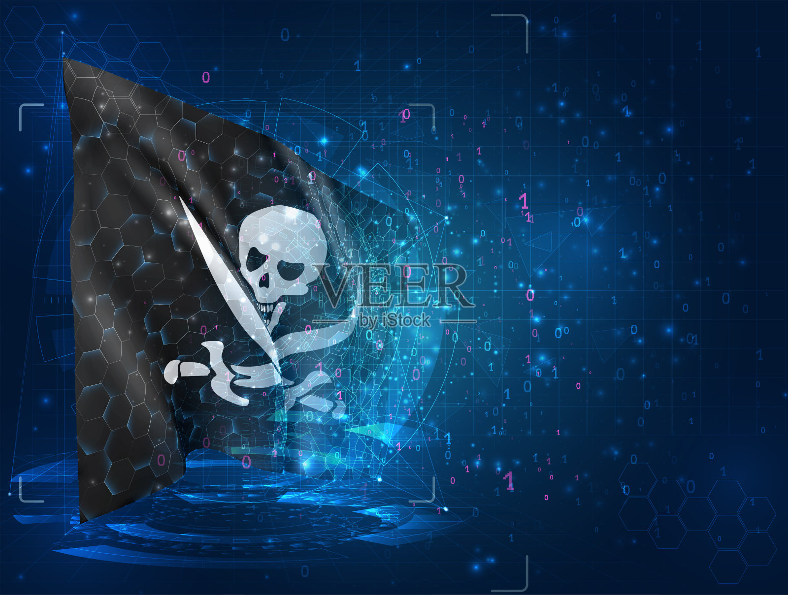 骷髅与海盗骨头矢量3d旗帜在蓝色背景与hud界面插画图片素材