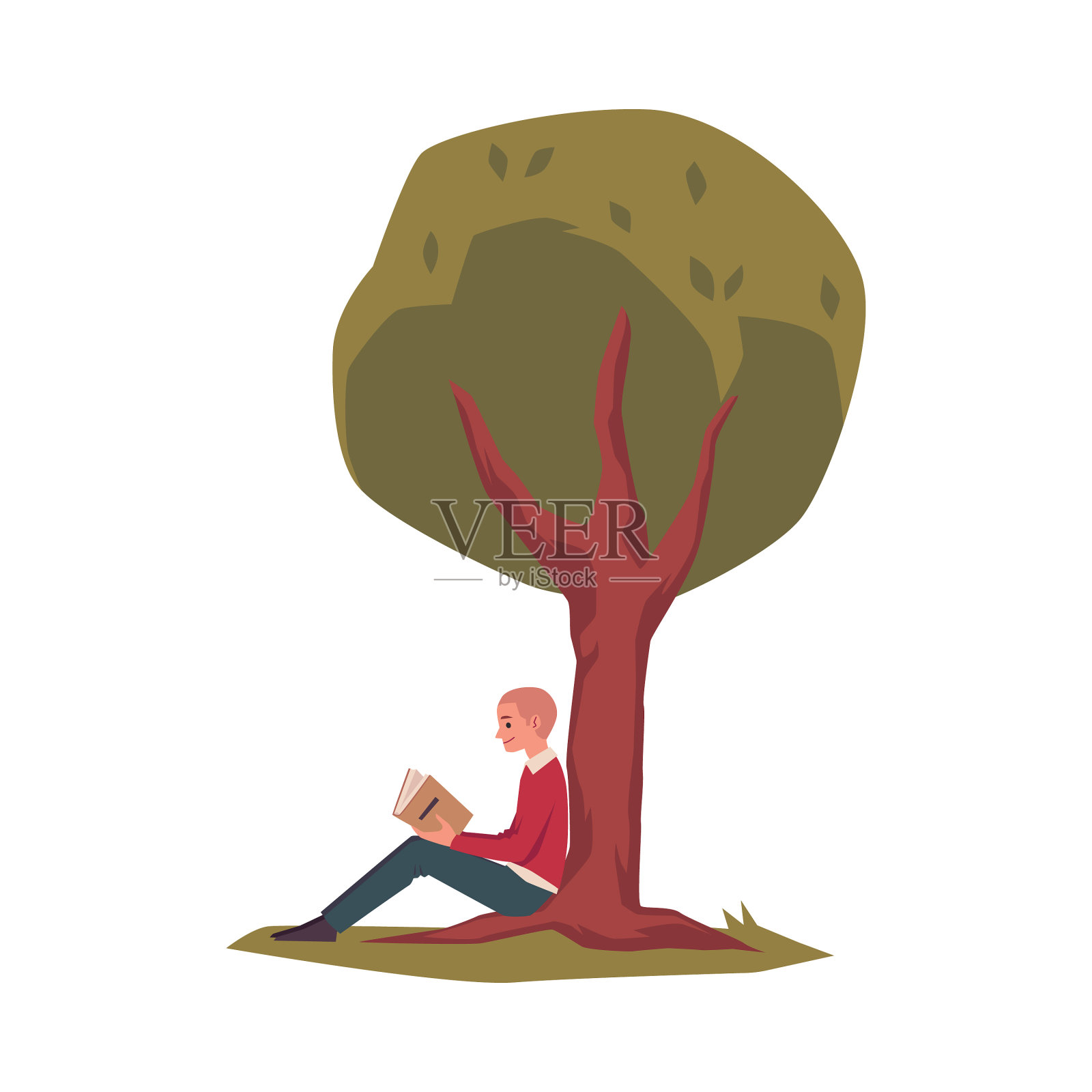 盖伊学生坐在树下,阅读平设计元素图片