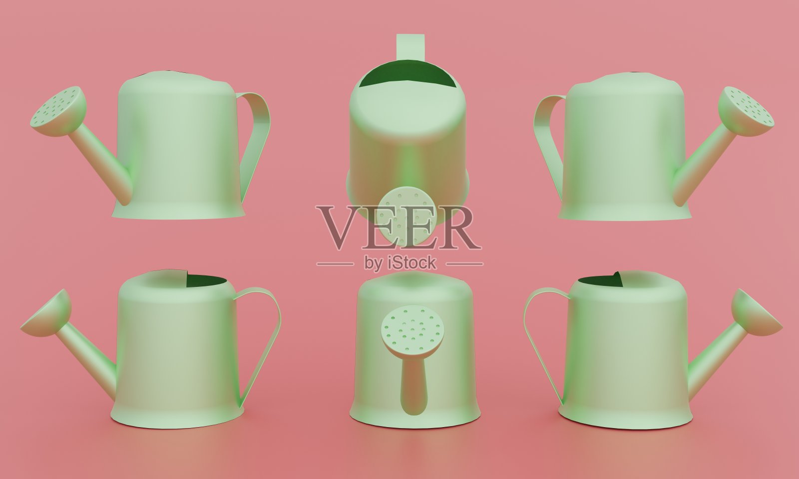 3d渲染绿色喷壶与粉色背景的多个角度。孤立的照片摄影图片
