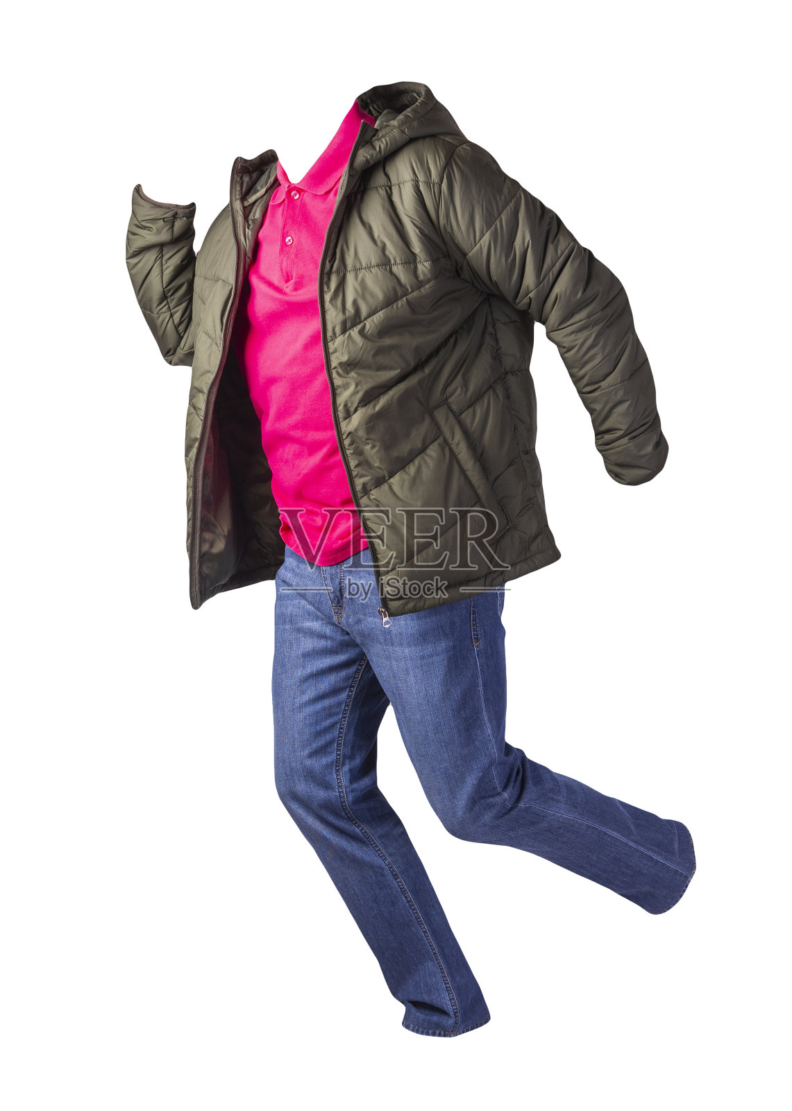 夹克,衬衫和蓝色牛仔裤孤立在白色背景。休闲时尚服装照片摄影图片