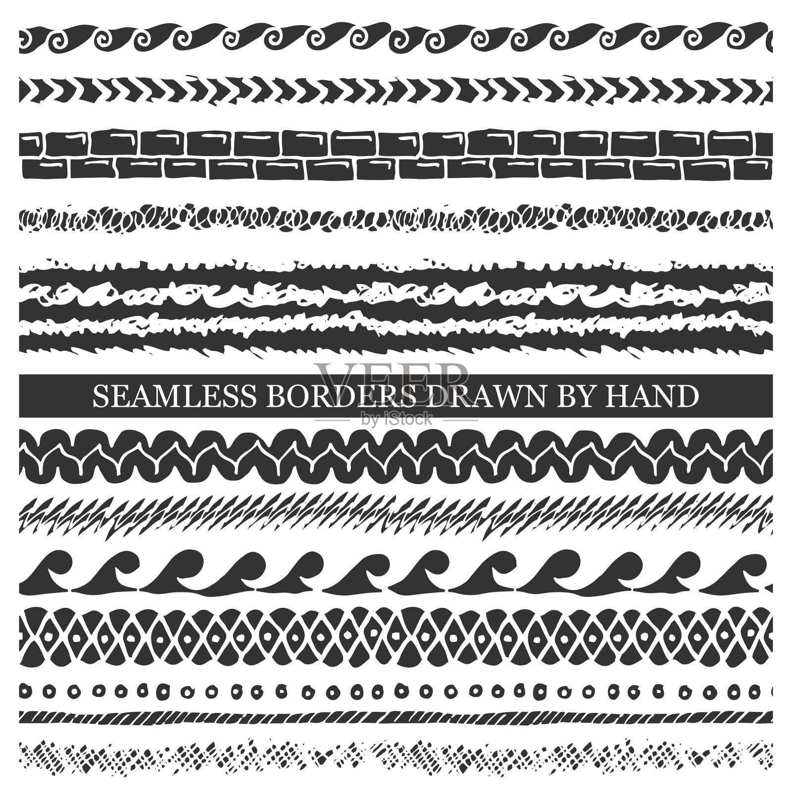 用墨水绘制的手绘无缝边界向量集。为织物,多波成像,网页设计的徒手纹理。插画图片素材
