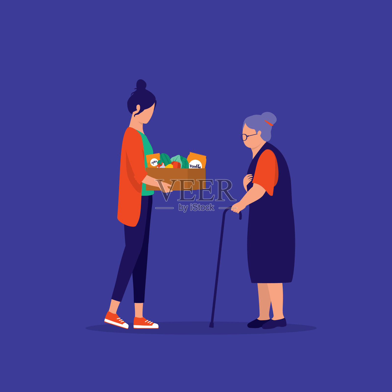 妇女志愿者给老年妇女食物。慈善捐赠的概念。矢量插图。插画图片素材