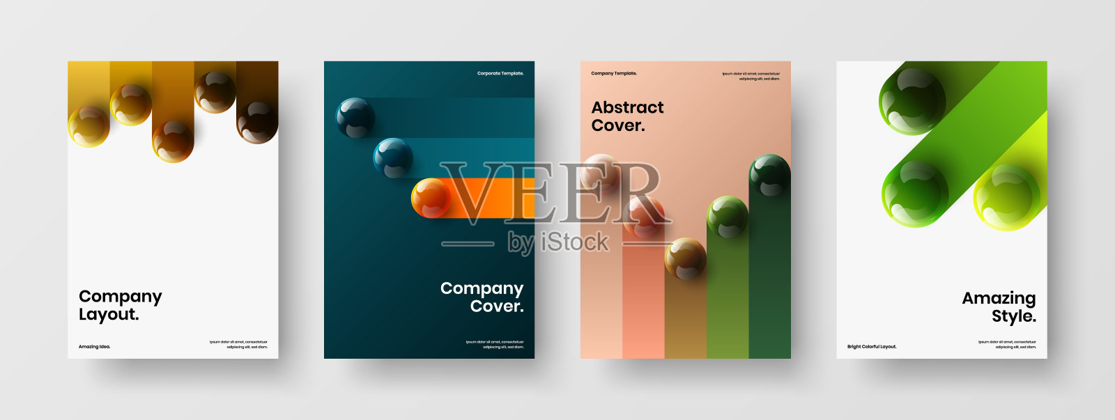 摘要企业封面A4设计矢量模板集合。原始现实球体传单插图集。设计模板素材
