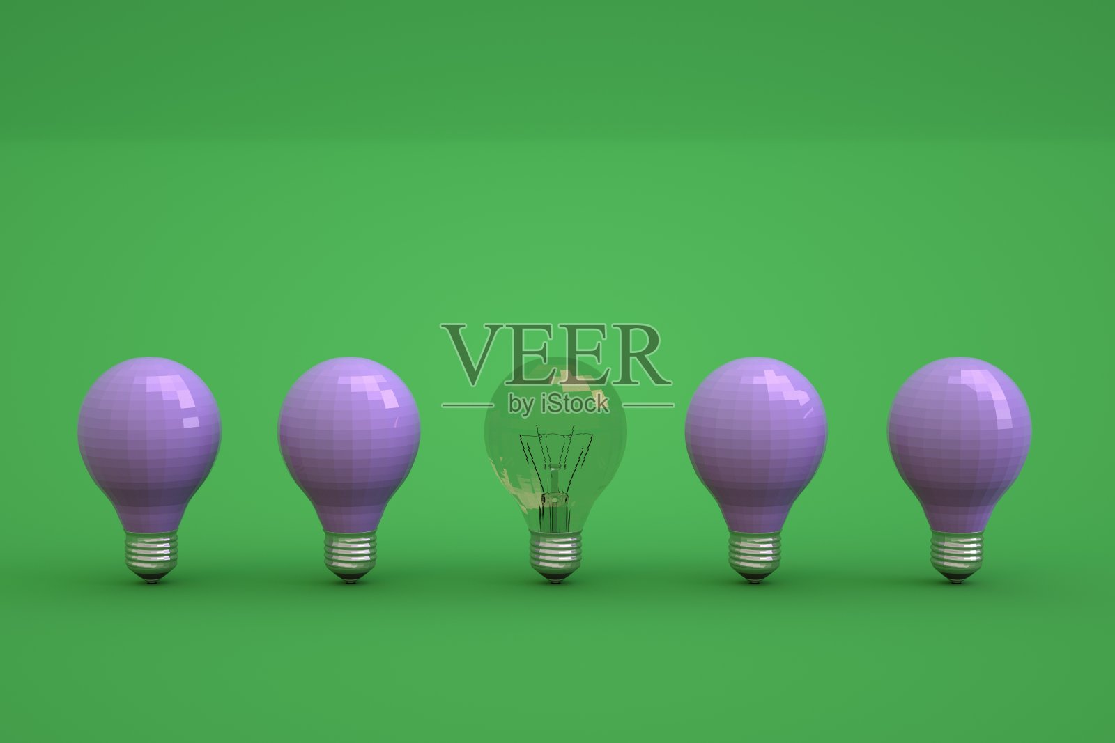 一组不同的灯泡在一个绿色孤立的背景。在所有蓝色灯泡中,有一个是透明的。一个孤立的背景上没有照明的灯泡,一组灯泡。特写镜头。照片摄影图片