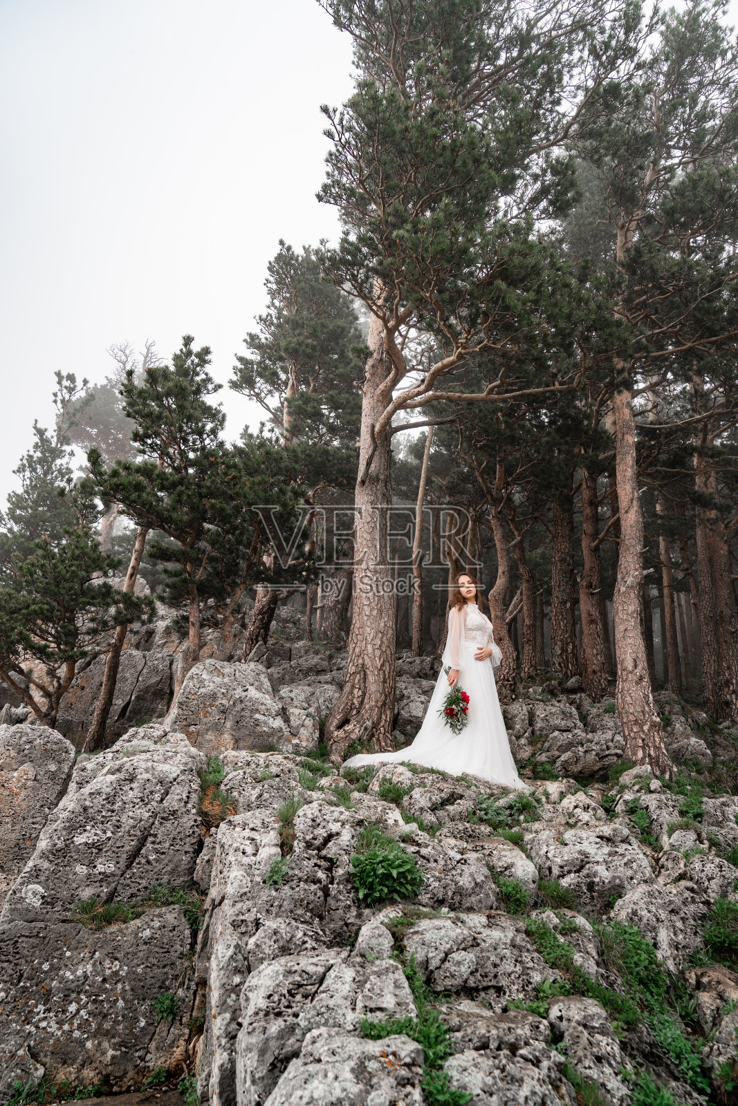 那个女人拿着一束红色的花站在山林中的一块岩石上。照片摄影图片