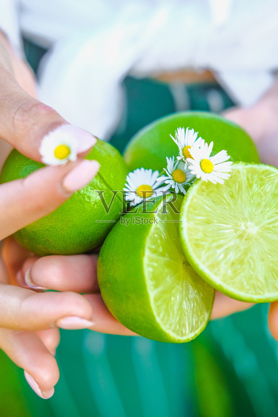 手里拿着青柠和洋甘菊花照片摄影图片