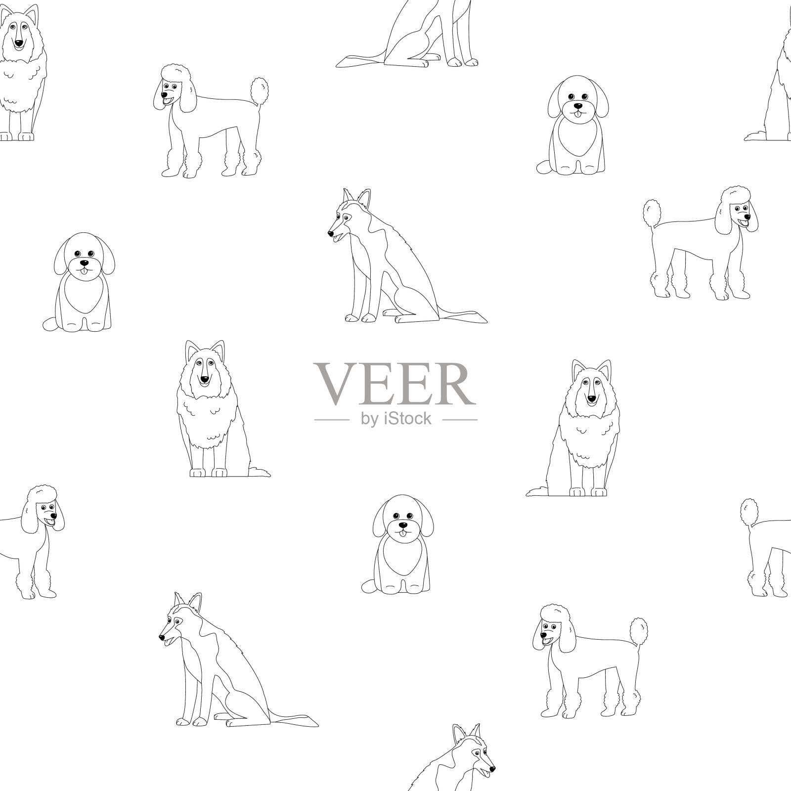 无缝图案与可爱卡通不同品种的狗设计元素图片