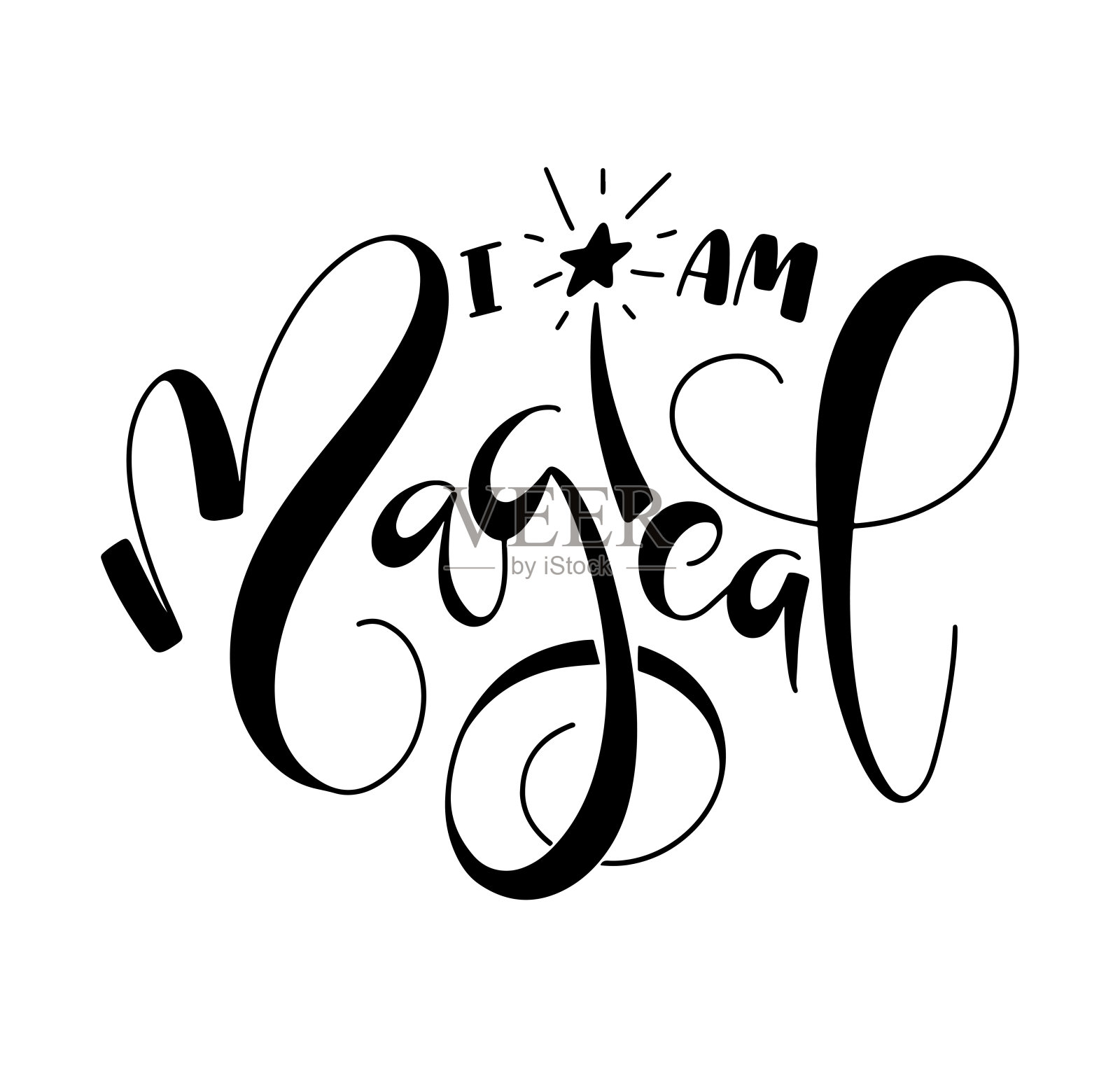 我是神奇的-手写字母与涂鸦魔术棒,黑色矢量插图孤立在白色背景插画图片素材