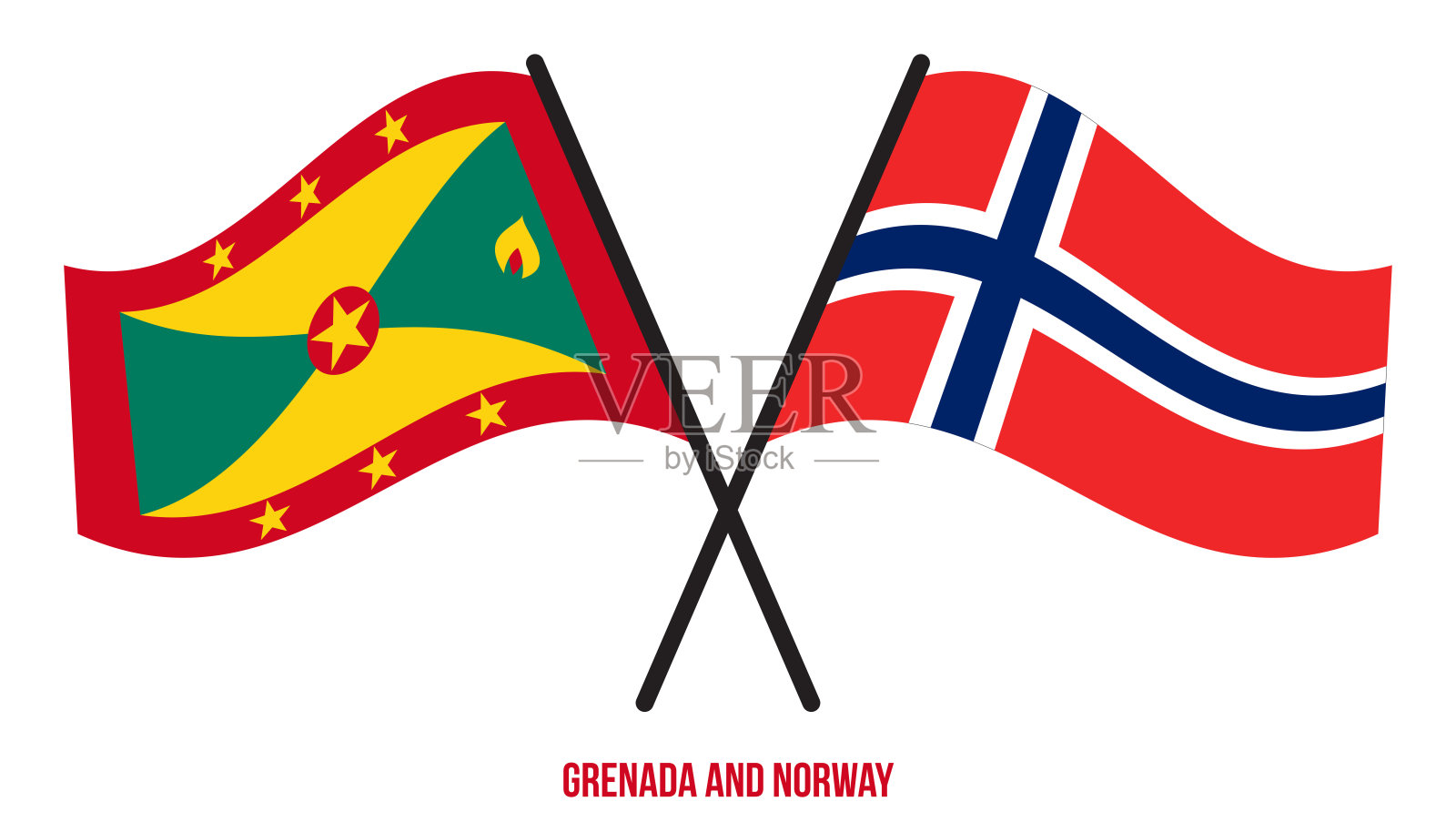 格林纳达和挪威旗帜交叉和挥舞的平风格。官方的比例。正确的颜色。设计元素图片