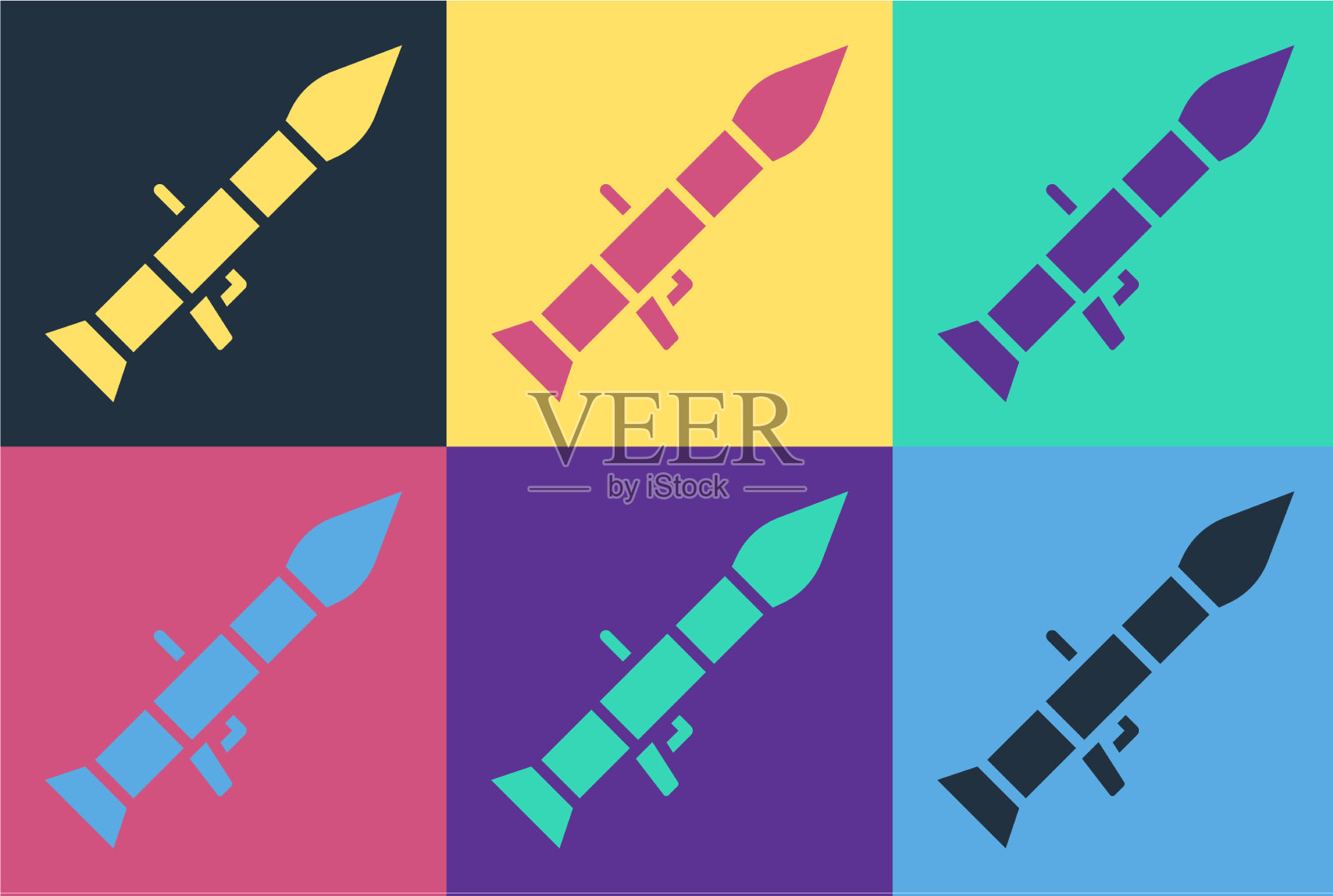 波普艺术火箭发射器与导弹图标隔离插画图片素材