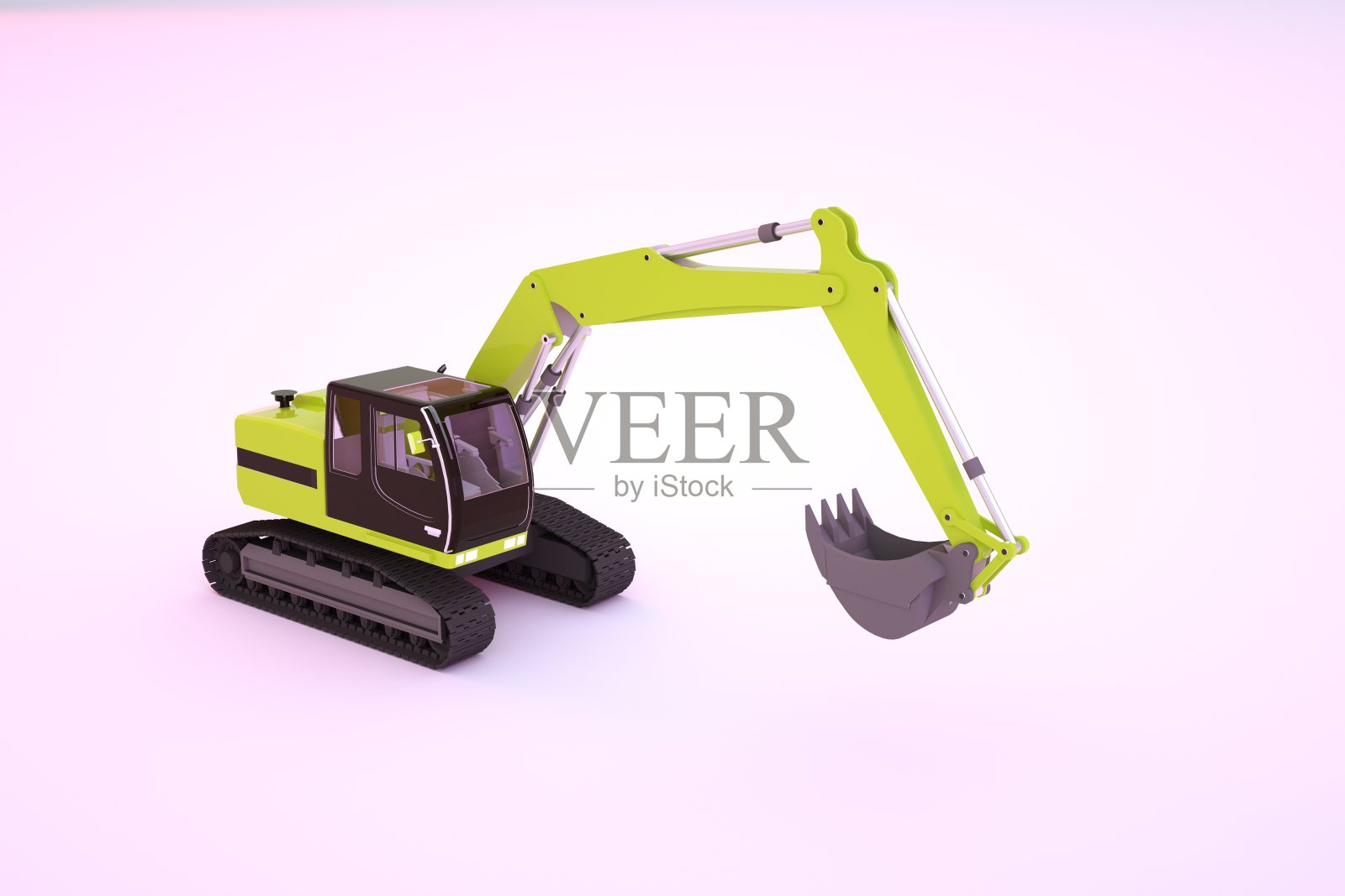 三维图形模型的黄色施工机械与一个桶。白色孤立背景上的黄色挖掘机。3 d图形,特写照片摄影图片