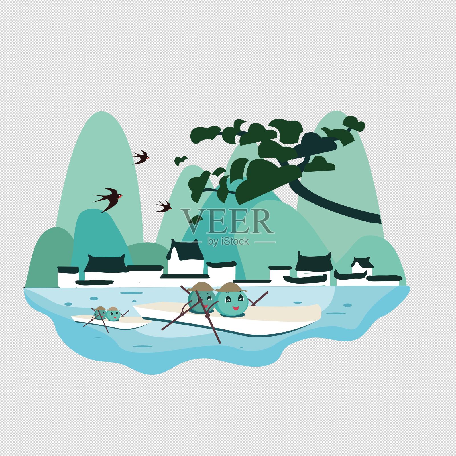 青团划船场景手绘卡通设计元素图片